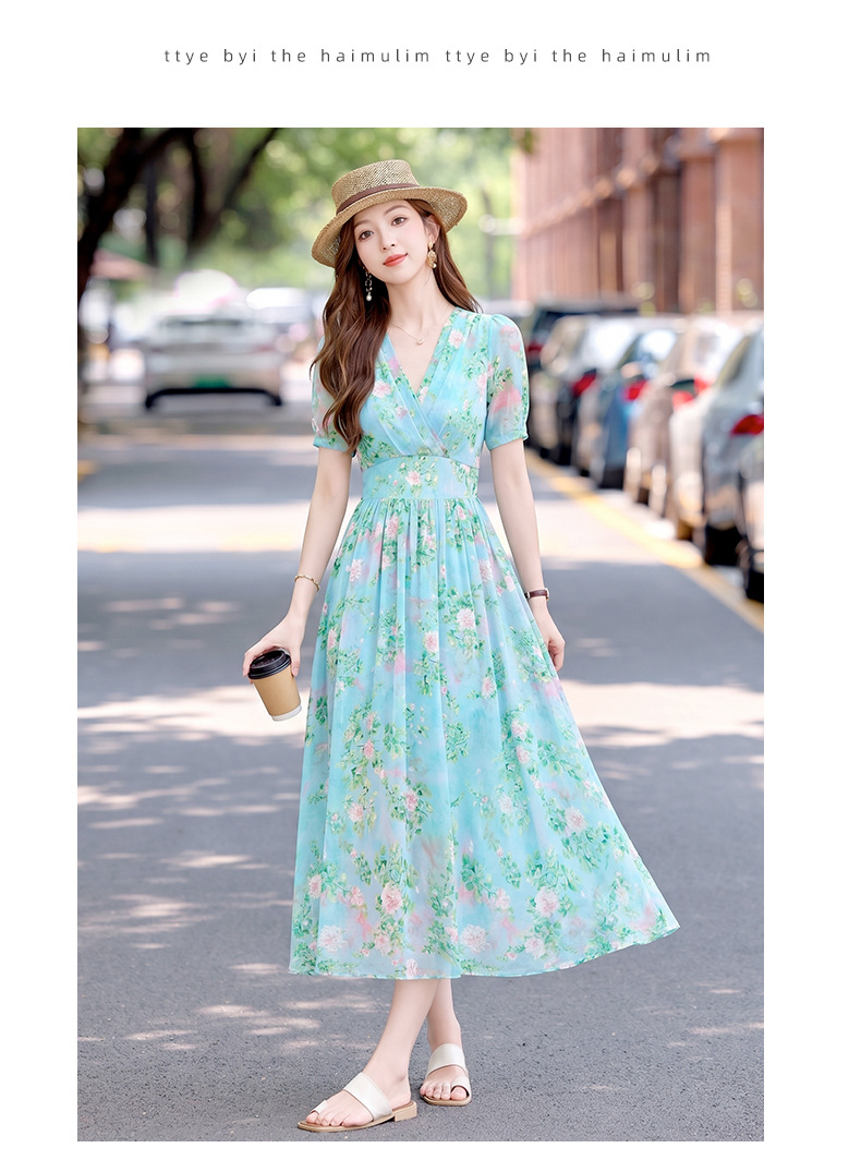Đầm maxi nữ thắt eo họa tiết hoa nhí cổ V xếp ly tay ngắn — xanh lam, Màu hồng, màu vàng chi tiết 14