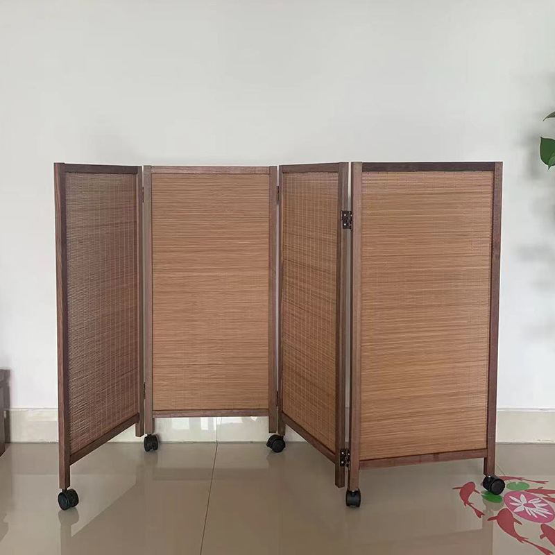 竹编复古小屏风可移动带滑轮幼儿园宠物围栏游戏区隔断可折叠