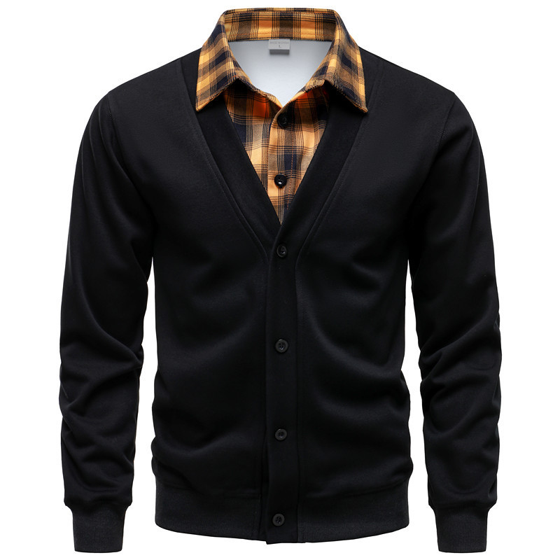 Fake Two-Piece Long-Sleeve T-Shirt Men's Collared Sweatshirt Korean Style Slim-Fit Shirt Collar Top Color-Blocking Design Trendy Brand Spring