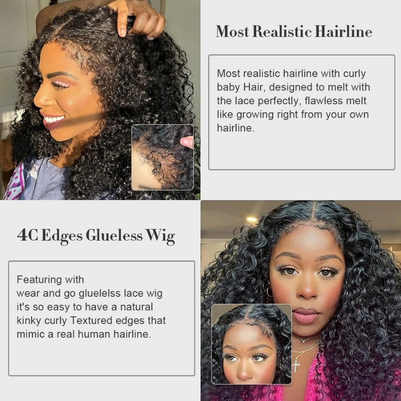 Kinky Curly 4C Edges Hairline 4x4 Lace Front Wigs Human Hair