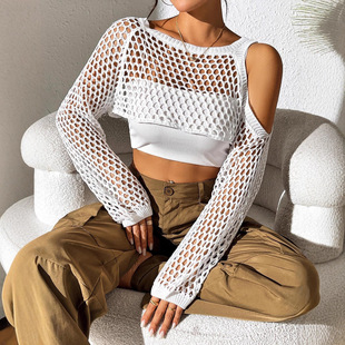 Women's Ultra-Short Tops, Sexy Navel-Baring Cross-Border European and American Clothing, Hollow Woolen Blouses, Sweaters, Casual and Fashionable Outerwear
