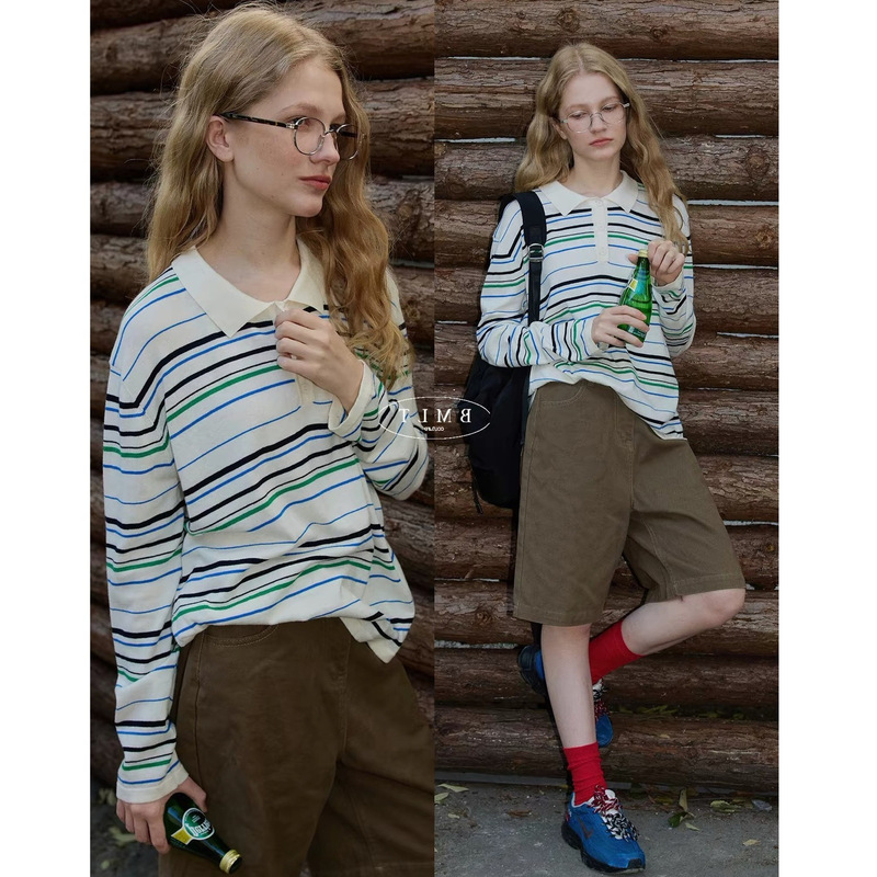 Breathable, pure cotton, color-block striped polo-neck long-sleeve women's casual knit top for early autumn Breathable, pure cotton, color-block striped polo-neck long-sleeve women's casual knit top for early autumn
