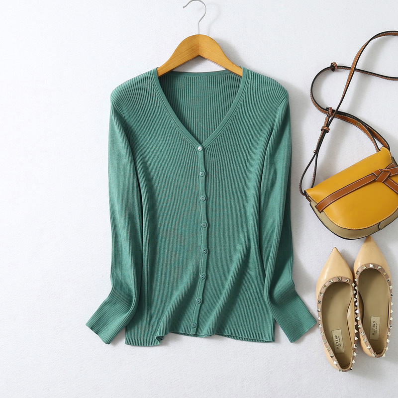 New Women's Clothing regular V-Neck Long-Sleeved Slaffle Mulberry Silk Cardigan Slimming Elastic Casual All-Match Top Women's Coat