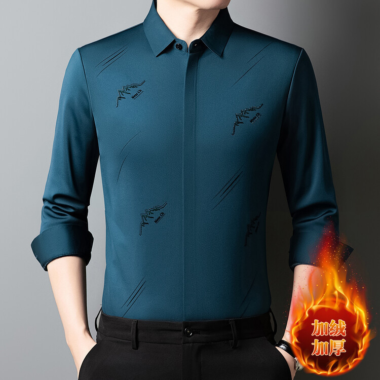 Men's High-end Autumn and Winter fleece-lined Warm Printed Long-sleeved Shirt Young and Middle-aged Fashion Trendy Dad's Casual Shirt