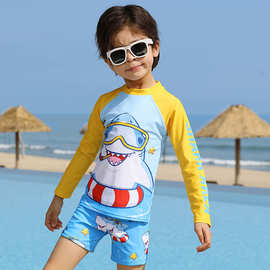 跨境儿童泳衣泳裤套装长袖平角裤保守防晒卡通中小童分体男童泳装