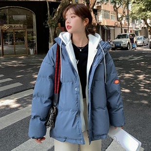 2025 Winter down Cotton Jacket Women's New Thickened Korean Style Fake Two-Piece Loose Hooded Jacket Cotton Jacket Wholesale