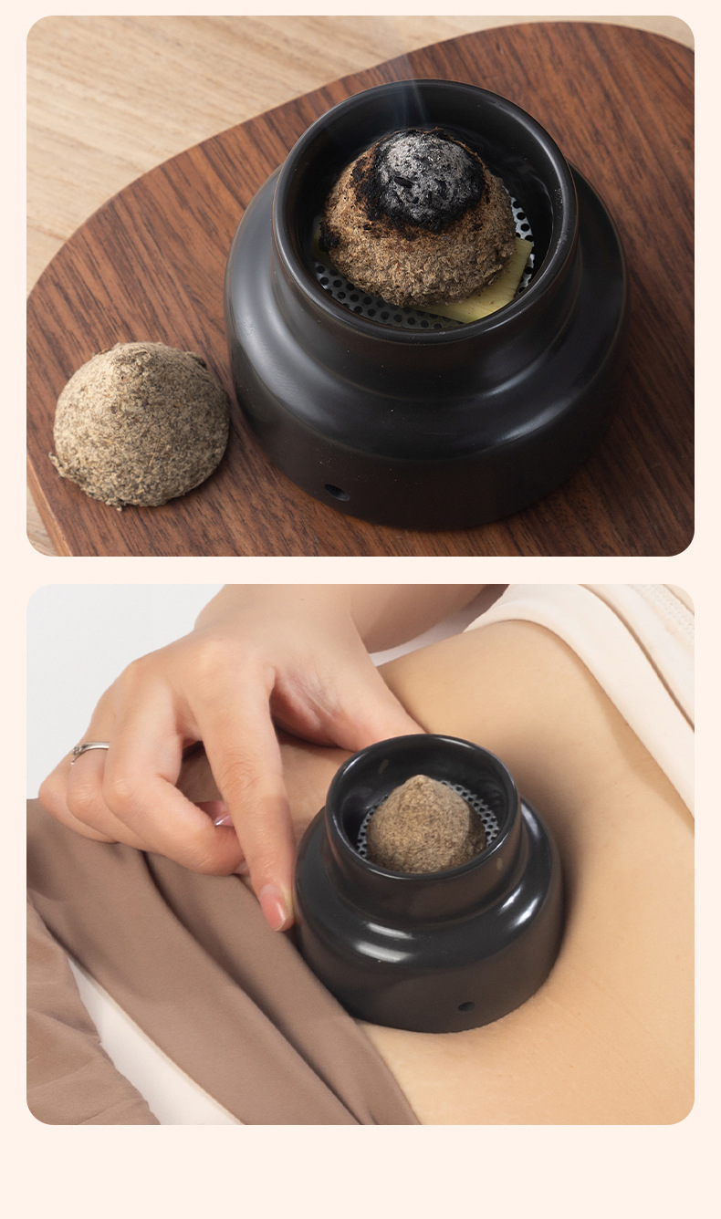 Bian Stone Navel Moxibustion Bowl with Ginger Barrier Set for Shen Que Umbilical Moxa Therapy in use