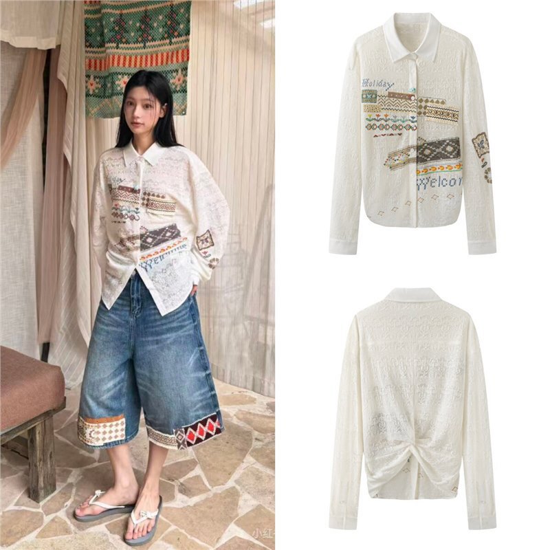 In stock! New autumn 2026 women's loose V-neck long-sleeve lace shirt with back tie, sun protection jacket, top