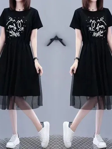 Plus-size summer hip-hiding maxi skirt, slimming, middle-length, mesh lace dress, stylish, youthful, printed top dress for women