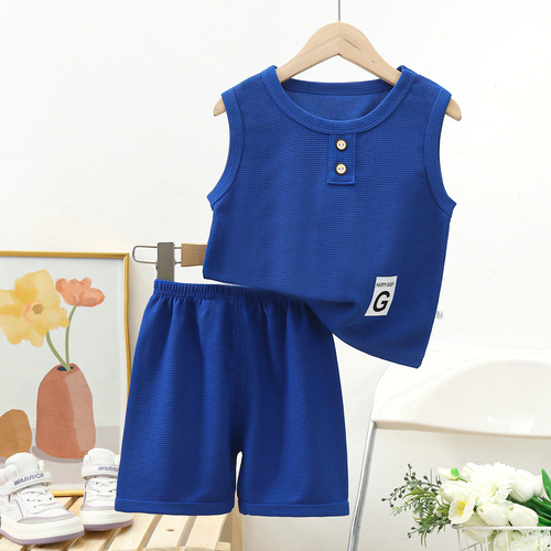 New children's vest suit baby short-sleeved two-piece set summer children's clothing waffle trendy children's suit trendy manufacturer
