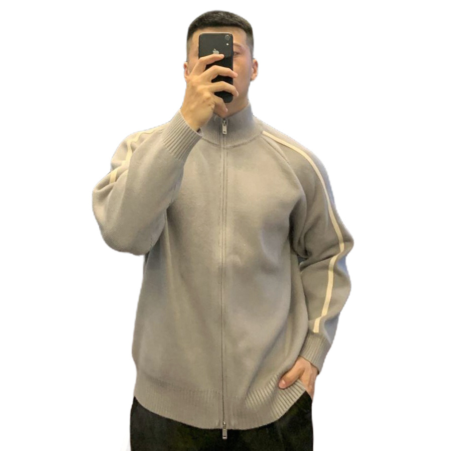 Explosiones transfronterizas de tamaño grande europeo a rayas cardigan suéter de punto chaqueta de hombre chaqueta de doble cremallera fábrica de marea al por mayor