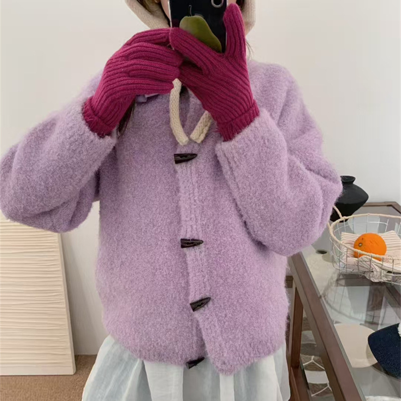 韩系慵懒风牛角扣圈圈纱针织外套女秋冬新款软糯圆领长袖毛衣开衫|undefined