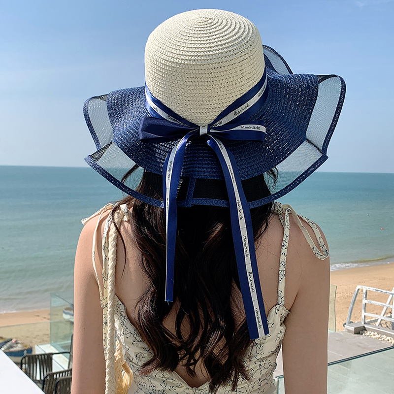 Sombrero de paja con lazo – estilo veraniego, ala ancha, para playa o vacaciones al aire libre