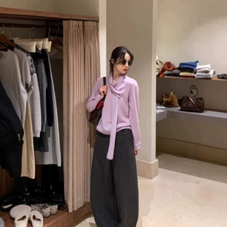韩系丁香紫配围巾羊毛针织衫毛衣女别致小众气质百搭毛衣秋冬