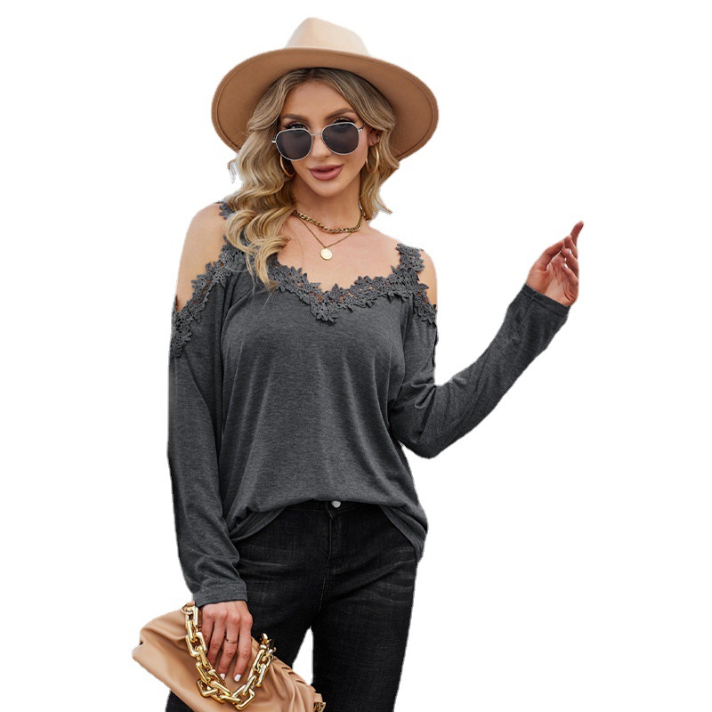 时颖欧美蕾丝t恤女春新款跨境v领套头衫亚马逊长袖蕾丝性感上衣女