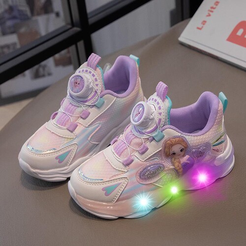 Children's Light-Up Sneakers for Boys and Girls, Autumn Fashion, Lightweight, Soft Soles, Rotating Button Shoes for Little Girls, Princess Style, Trendy