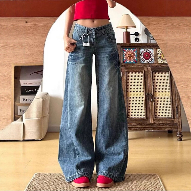 Designed and Personalized Korean Style White Low-Waist Jeans for Women in Spring and Autumn New Loose Wide-Leg Floor-Length Jeans