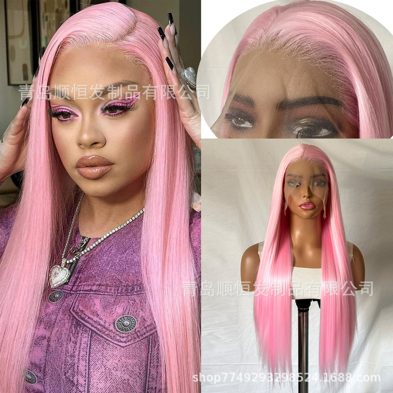 Lace Hand Wig Women Full Head Cover Light Pink Long Straight Hair Heat Resistant Fiber Natural Straight Wig Factory in stock Lace Hand Wig Women Full Head Cover Light Pink Long Straight Hair Heat Resistant Fiber Natural Straight Wig Factory in stock