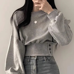 设计感小众短款收腰圆领卫衣女秋季薄款百搭宽松显瘦无帽长袖上衣