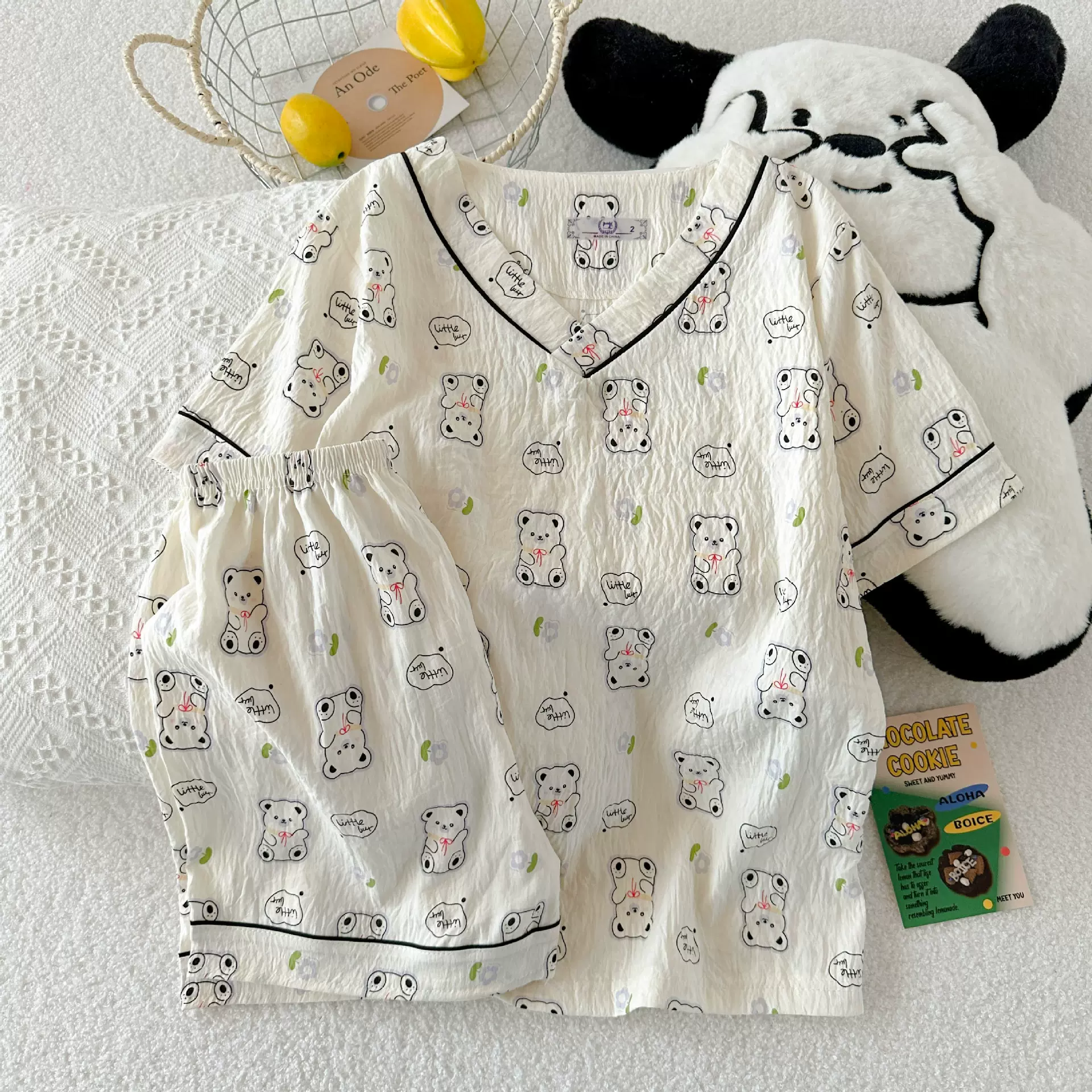 跨境爆款夏季v领云朵棉睡衣女短袖短裤舒适甜美卡通家居服女套装