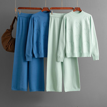 跨境欧美半高领毛衣爱心时尚套装女+纯色休闲裤阔腿裤两件套