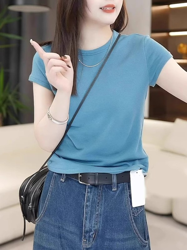 蓝色正肩短袖t恤女夏季2025新款爆款韩版休闲百搭显瘦圆领上衣潮|undefined