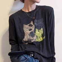 韩版跨境外贸T恤女士2025秋装新款小猫印花打底衫面膜长袖T恤女衫