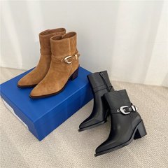 2025新款sw秋冬侧拉链粗跟尖头短靴舒适真皮皮带扣马丁靴瘦瘦靴女