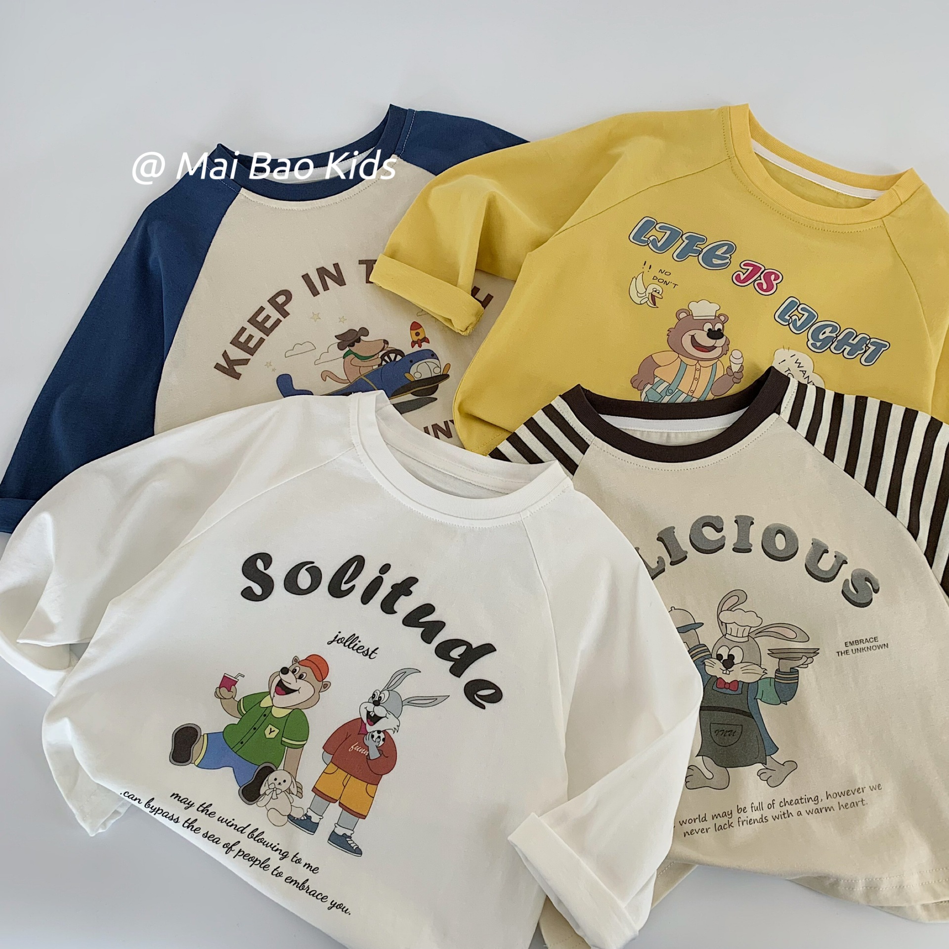 Camiseta infantil Mai Bao 2025 otoño lindos pantalones de primavera y otoño de cuello redondo impresión de dibujos animados de manga larga casual t