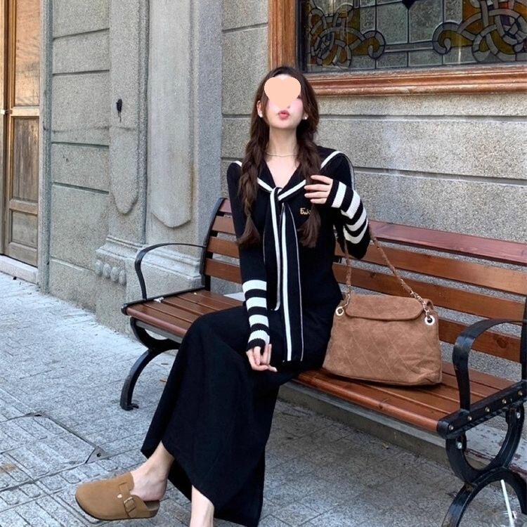 黑色条纹毛衣女春秋慵懒学院风修身显瘦别致上衣春季海军领针织衫|undefined