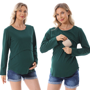 Spring and Autumn Fashion Loose Curved Design Breastfeeding Clothes Going Out Hot Mom Pregnant Women's Long Sleeve T-shirt Breastfeeding plus size Maternity Clothes