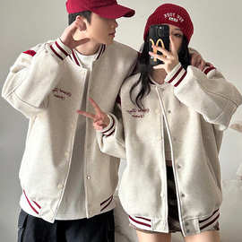 2024秋冬季新毛呢刺绣 情侣装男女秋冬拼接外套 宽松棒球服