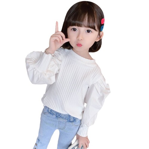 Girls puff sleeve 2024 spring new style children's style long-sleeved T-shirt Korean style outer wear knitted 6190