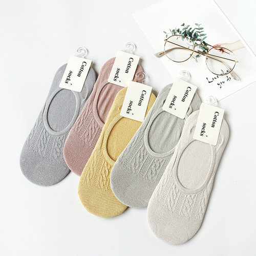 Solid color cotton socks, women's boat socks that don't fall off, spring and summer socks, low-top shallow mouth anti-slip invisible socks wholesale