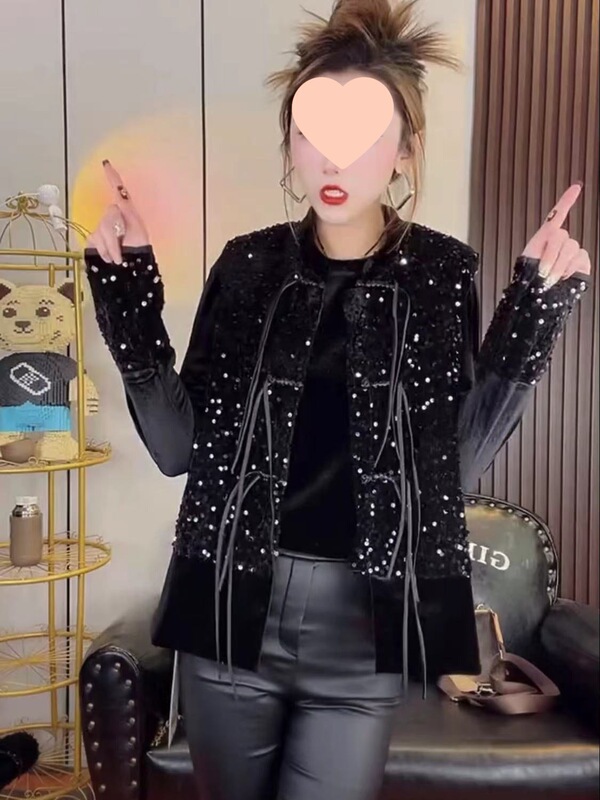 新中式国风丝绒马甲套装女欧货2025年秋新款亮片背心马夹上衣|undefined