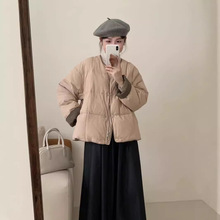 韩国小个子羽绒服女短款2024冬季新款圆领拼色保暖方格子面包服