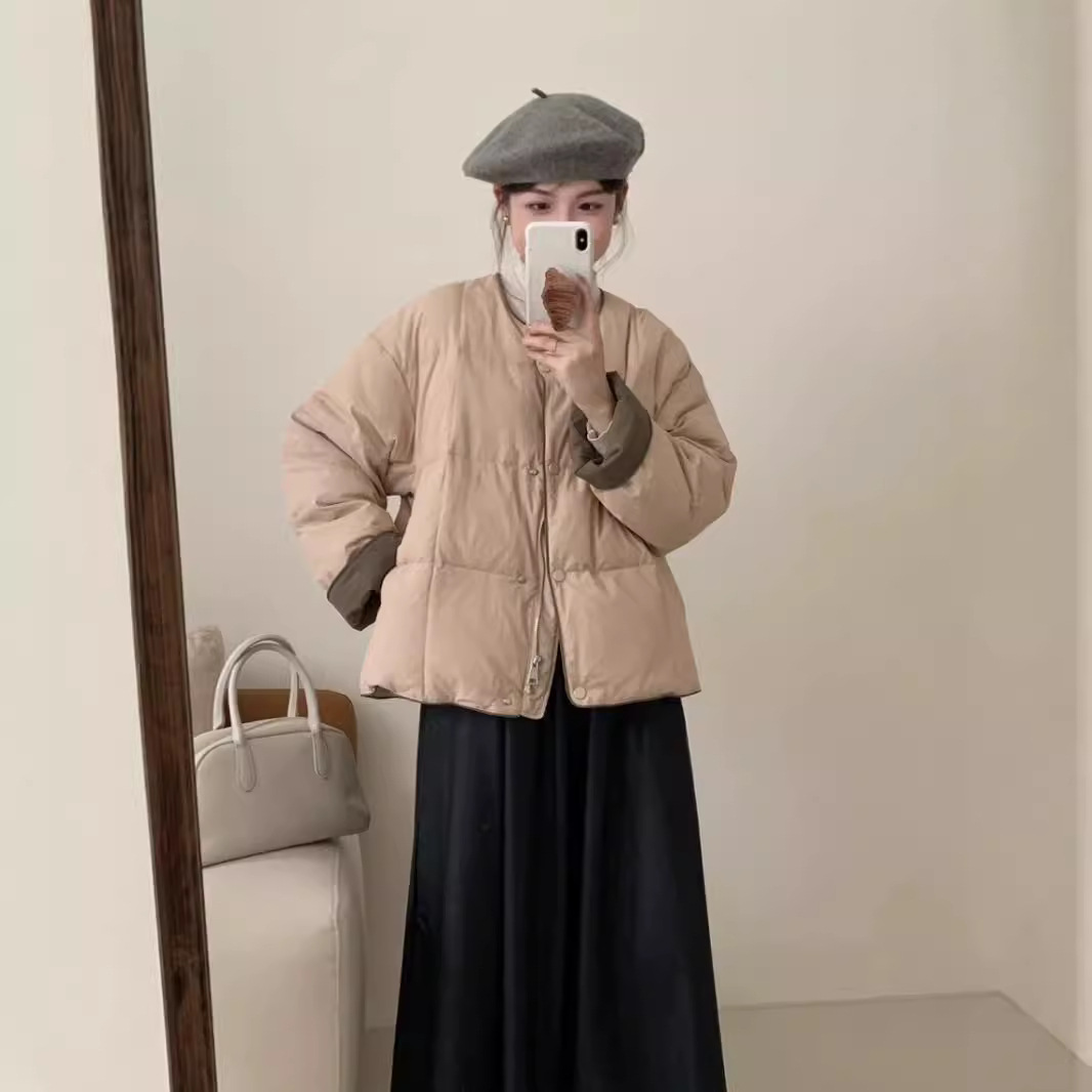 韩国小个子羽绒服女短款2024冬季新款圆领拼色保暖方格子面包服