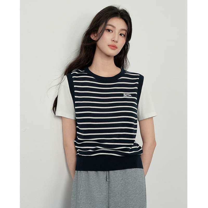 2026 Summer New Versatile Simple Fake Two-Piece Striped Knit Sweater for Women with Patchwork Casual Top 3H4231821