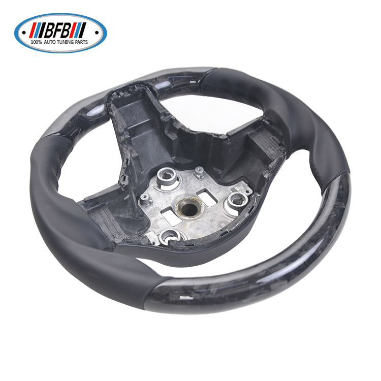 100% Real Carbon Fiber Forged Steering Wheel with Black Leather and Black Stitching - For Tesla Model Y - Modification