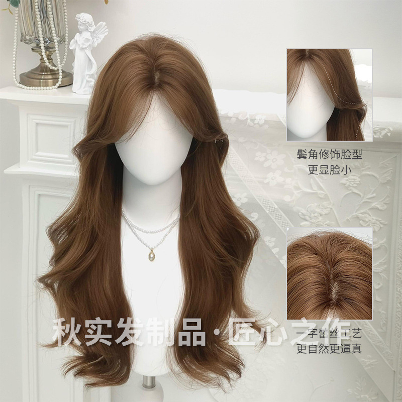 Qiushi wig women's wholesale cross-border natural hand hook lace long curly hair realistic mid-length women's full head cover