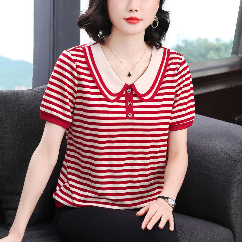 Mom's Loose Short-Sleeved T-Shirt for Women 2026 Summer New Style Doll Collar Plus Size Women's Striped Color-Blocking Top Mom's Loose Short-Sleeved T-Shirt for Women 2026 Summer New Style Doll Collar Plus Size Women's Striped Color-Blocking Top