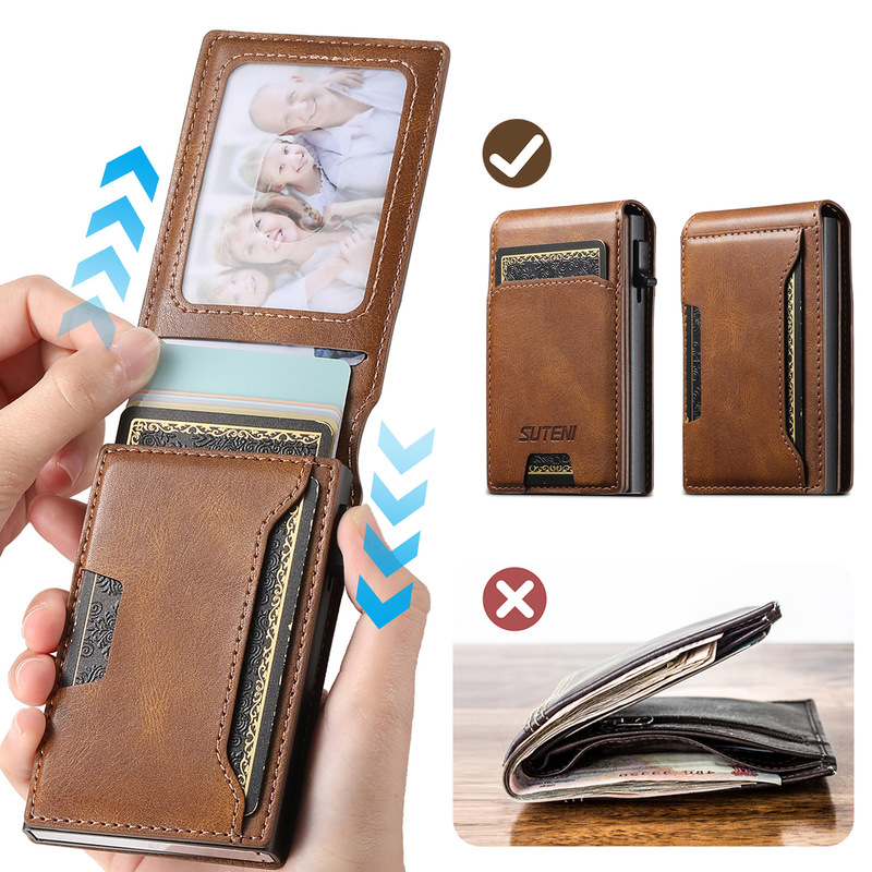 Suteni button automatic pop-up card box card clip frame men's wallet business oil wax leather Suteni button automatic pop-up card box card clip frame men's wallet business oil wax leather