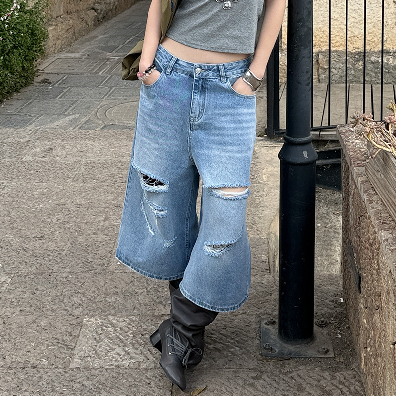 MMFISH Fashionable Street Relaxed Wide Leg Ripped Straight Tube Loose Slim Wash Water Cropped Jeans 25K222