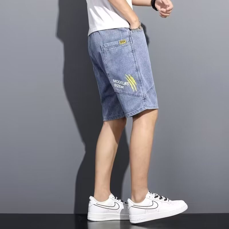 Pantalones cortos de mezclilla de moda para hombres, herramientas japonesas, pantalones sueltos de cinco puntos, pantalones casuales de bolsillo grande, verano