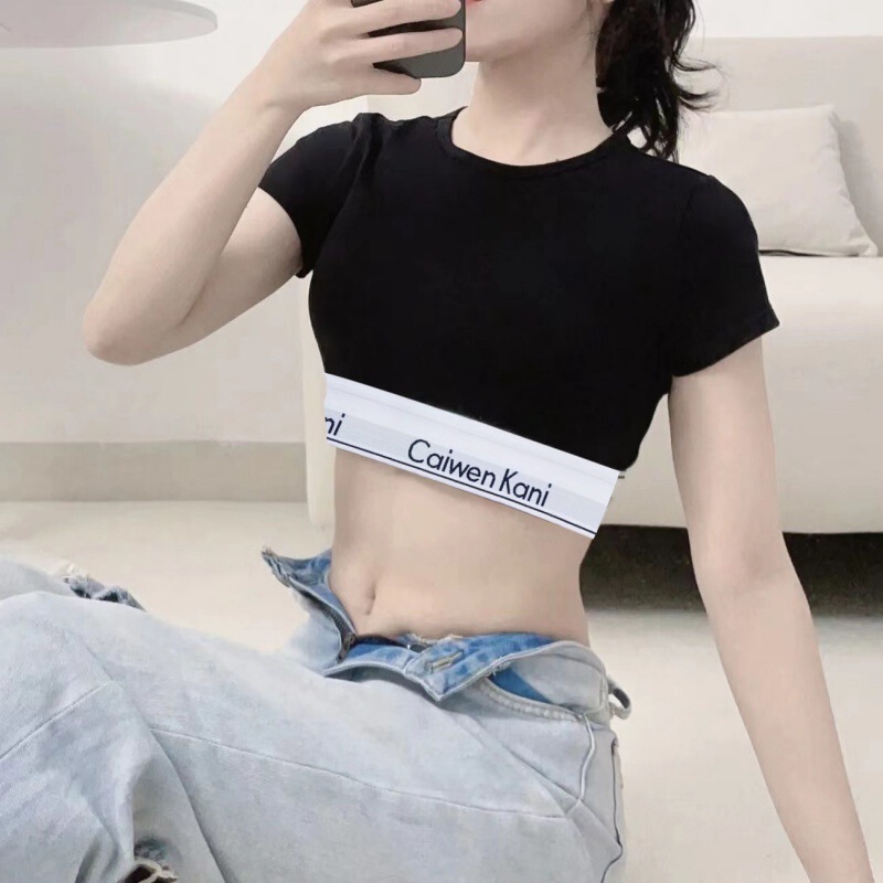 Short-sleeved women's cotton short front shoulder top c? Ck ν sexy slim T-shirt student sports suit vest sexy