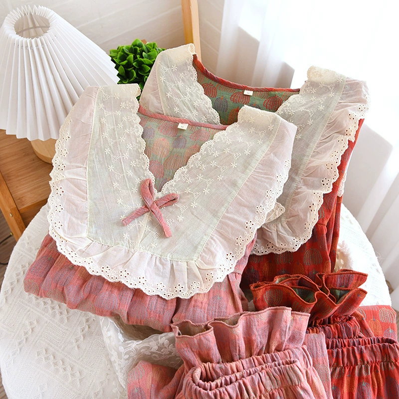 Хлопковая Пижама-пуловер с V-образным вырезом на весну и осень, Женская кружевная Домашняя одежда с длинными рукавами, марлевая пряжа, окрашенный костюм, можно носить на улице свободно