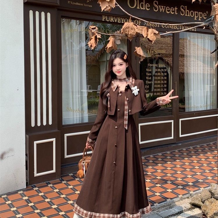 Sea Salt Chestnut 2025 Plus Size French Retro Women's Autumn Winter Plaid Blazer Dress Two-Piece Set