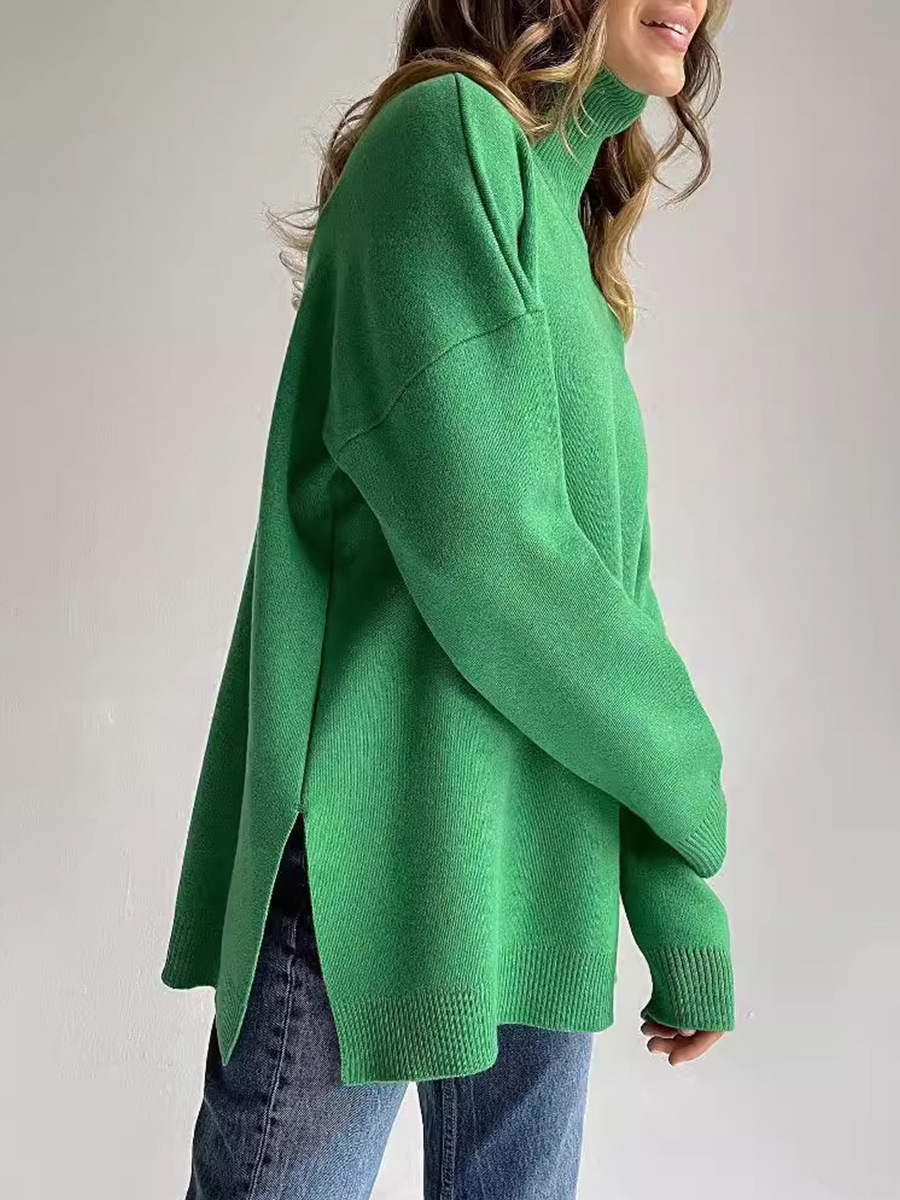 Suéter de cuello alto transfronterizo para mujeres 2025 otoño y invierno nuevo suéter casual estilo europeo y americano bifurcado suéter de punto de color sólido