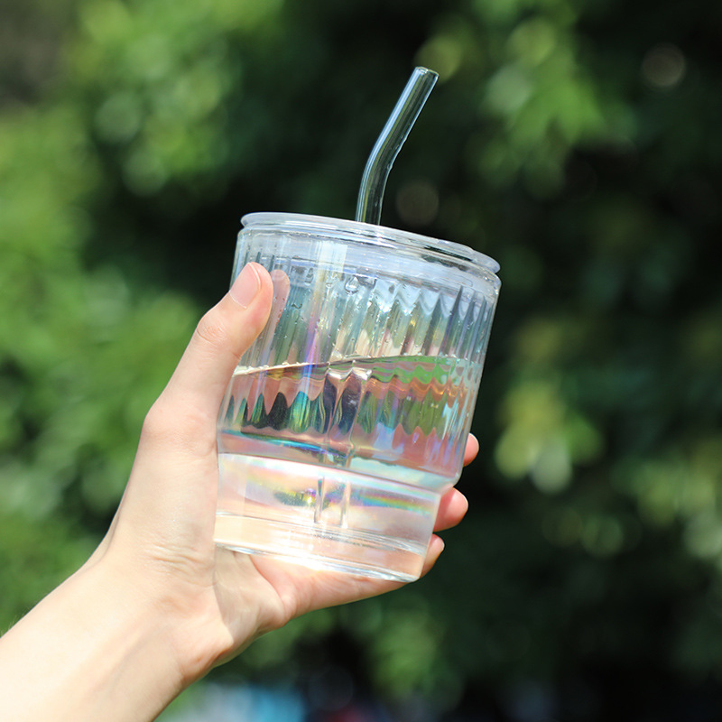 Colorido láser taza de bambú Oficina de agua de vidrio taza hogar simple bebida taza de café con tapa transparente taza de paja