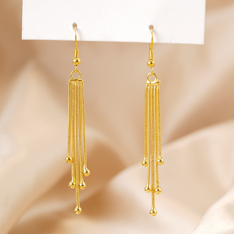 Vietnam arena oro largo borla pendientes simple gran temperamento deja cuentas redondas cinco líneas borla oído joyería al por mayor